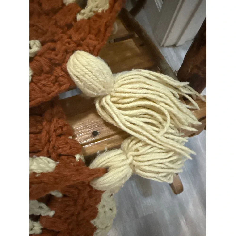 Vintage Handmade Crochet Afghan Blanket Striped Cream Rust Orange Boho Tassels